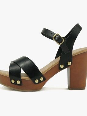 Soda Black Strappy Platform Sandal with Brown Block Heel and Gold Accents